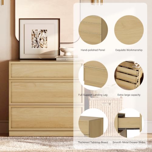 Image of WAMPAT Wided Nightstand with 3 Drawers, Modern Tall End Table with Large Storage for Bedroom, Bedroom Wooden Side Table and Closet Organizer, Oak,1 Pcs