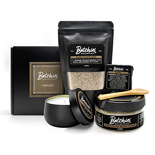 Spa Gift Set (Coffee) 5 Piece set All Natural handmade Relaxing Ultra Hydrating Detoxifying Sleep Soak Exfoliating Sugar Scrub Oatmeal and Shea Butter soap Hand Poured Soy Candle Spoon