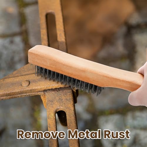 Image of Elsjoy 12 Pack 10 Inch Stainless Steel Carbon Steel Wire Scratch Brush with Wooden Handle, Crimped Wire Bristles for Rust, Paint, Welding Slag Removal