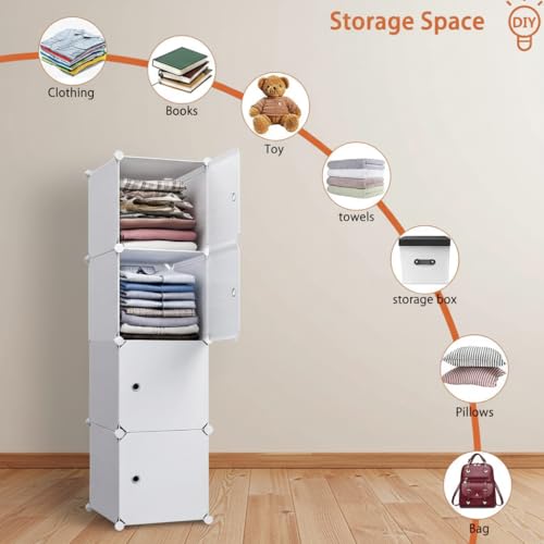 Image of KRISHYAM Kids Modular Storage Cabinet with White Doors, 4 Cube Plastic Wardrobe Organizer, DIY Closet System with Hanging Rod, Toy & Clothes Storage (White, 4 Box)