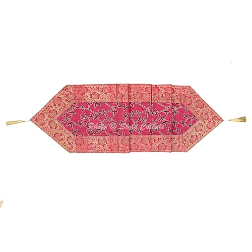 Image of Ari Zari Embroidered Table Runner Indian Decorative 6 Feet Magenta & Purple Banarsi Brocade Satin Ethnic Long Runner Up with Tassels Living Room Tablecloth