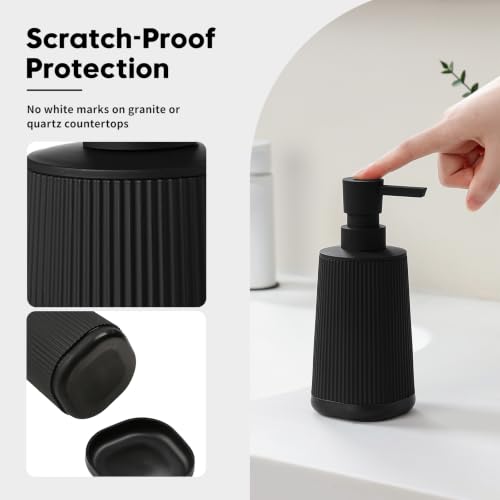 Image of YAUKPH Small Soap Dispenser for Bathroom and Kitchen Black Silicone Base | Modern Farmhouse Striped Style Plastic Hand Soap Dish Soap Dispenser with Pump