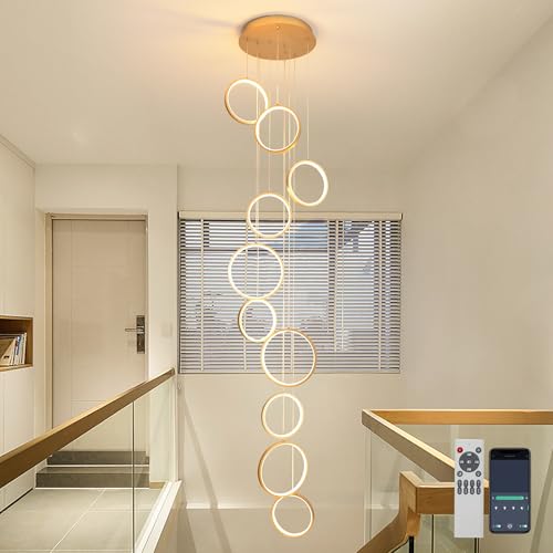 GEADI Modern LED Chandelier, 3-Color Dimmable LED High Ceiling Light, 10 Rings Staircase Chandelier Foyer Light Fixture, Large Pendant Light for Entryway Living Room - Gold