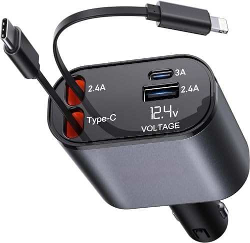 Image of Weldots Retractable Car Charger 120W, 4 In 1 Fast Car Phone Charger, Retractable Cables, 2 Usb Ports, Compatible With iPhone 15 /14 /13 /12 /11, Type C + Lightening, Black