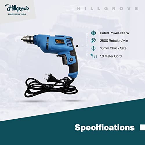 Image of Hillgrove HGCM1089M2 All Purpose 500W Drill Machine with 5Pcs HSS Drill Bits for Making Holes in Metal /Wood /Concrete with Reverse Rotaion and Variable Speed Pistol Grip Drill (10 mm Chuck Size)