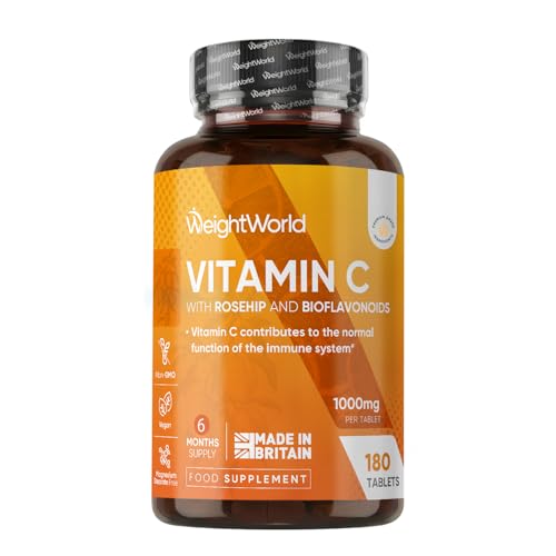 Vitamin C Tablets 1000mg - 180 Tablets - 6 Months Supply - Added Rosehips & Bioflavonoids - 1 per Day - Vegan & Non-GMO - Vit C Supplement (As L-Ascorbic Acid) - Easy-to-Break Pills - Made in the UK