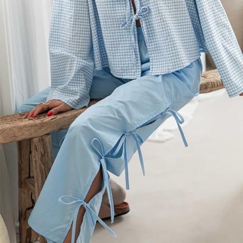 Image of Y2K Gingham Pants for Women Bow Tie Side Slit Wide Leg Lounge Bottom Plaid Checkered Loose Fit Going Out Pants