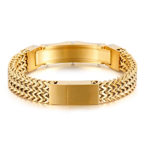 Mens Stainless Steel Franco Link Chain Bracelet,Fashion Cable Bracelet with Cubic Zirconia Gold2
