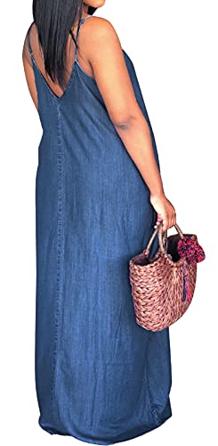 SeNight Women's Sexy Maxi Denim Dresses Casual Spaghetti Strap Striped Long Sundress Wiht Pockets2