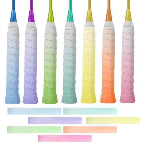 Image of 7Pcs Badminton Racket Grip, Badminton Grip, Tennis Overgrip Tape Self-Adhesive for Tennis /Badminton /Squash Racket Handle Grips (Pink + Yellow + Orange + Peacock Blue + Blue + Green + Purple)
