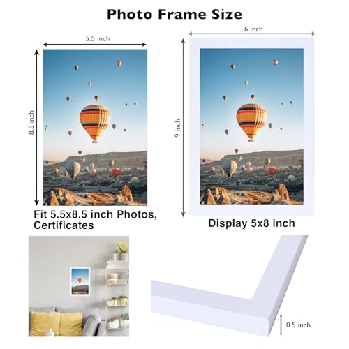 Image of JCJMY 5.5x8.5 Picture Frame White for Wall Hanging or Tabletop, Wall Mounting Horizontally or Vertically, 5.5 x 8.5 Wall Gallery Poster Photo Frame with Shatter Resistant Plexiglass, White