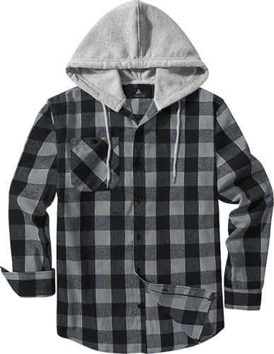 JACKETOWN Men's Flannel Long Sleeve Hoodie Shirts Casual Button Down Plaid Shirt Jackets Stylish with Pocket Grey - image 1