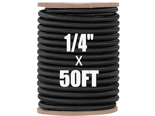 SMART&CASUAL Marine Grade Bungee Cord Roll 1/4 x 50 Black Premium Polyester Natural Latex Core Shock Cord Heavy Duty Elastic Rope for Kayak Tarp Tie Down Camping Canopy DIY Crafting