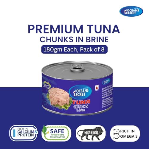 Image of Oceans Secret Tuna Chunks in Brine 180gm Pack of 2 Canned Tuna Fish Balanced Nutrition, Light Taste, in Clean Brine, Premium Cuts Ready to Eat