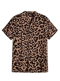 GORGLITTER Men's Leopard Print Button Front Shirts Lapel V Neck Short Sleeve Rave Shirt Khaki Medium
