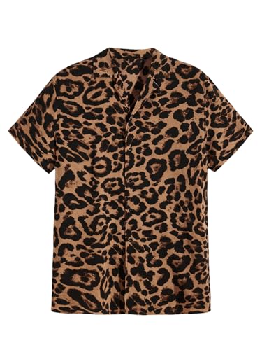 GORGLITTER Men's Leopard Print Button Front Shirts Lapel V Neck Short Sleeve Rave Shirt Khaki Large
