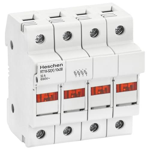 Heschen Zylinderförmiger Sicherungshalter, Sockel RT18–32 (X), 32 A, AC690 V, 4-polige DIN-Schienenmontage für RT18 RO15, 10 x 38 mm, Sicherung CE UL gelistet.