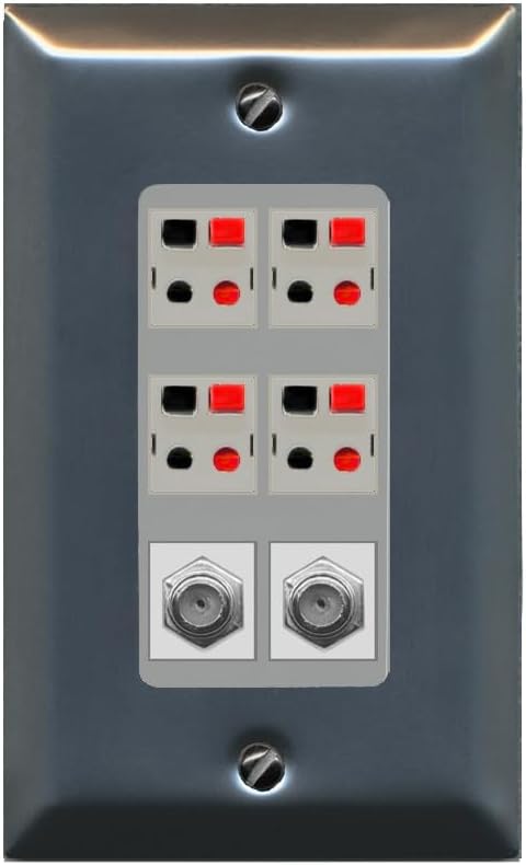 RiteAV 4 Speaker 2 Port Coax Cable TV Wall Plate - 1 Gang Decorative [Stainless/Gray]