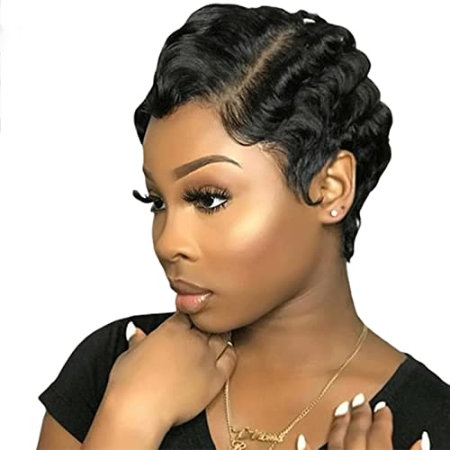Short Pixie Cut Wigs For Black Women Short Mommy Hair Wig 100% Brazilian Human Hair Wigs Finger Wave Curly Wigs Ocean Wave Wigs Remy Human Hair Wig Cheap Wig For Party (1B#)