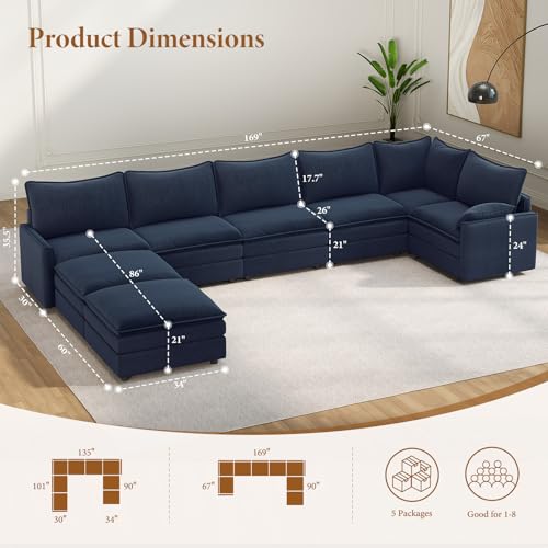 Image of Vesgantti Large Modular Sectional Sofa, Big Comfy Cloud Couch with Ottoman Deep Seat Chenille Cloud Sofa, 8 Seater Large Sectional Couches for Living Room, Bedroom and Apartment, Blue