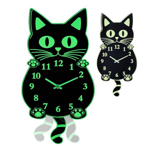 Fomaris Cat Wall Clock with Swinging Tail Glow in Dark Night Light Funny Wall Clock Christmas Decor Gift Black