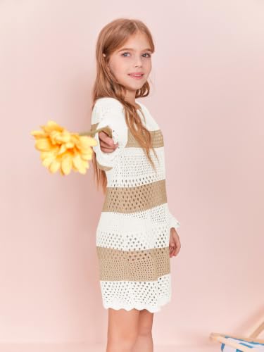 Image of Batermoon Girls Crochet Long Sleeve Swimsuit Cover Up Kids Fashion Hollow Out Swimwear Beach Dress 5-14 Years