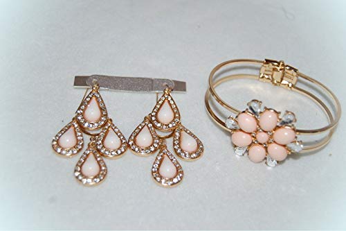 Costume Jewelry Set Earrings For Women BRACELET Gold Tone PALE PINK STONES Flower Design