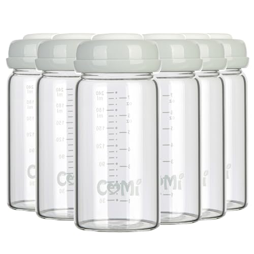 Image of COMI Wide Neck Glass Breastmilk Collection n Storage Bottle, 8oz with Screw Ring Sealing Disk; Re-markable Sealing Disc. BPA Free, Fits Breast Pumps & Nipples (6 Gray Lids)