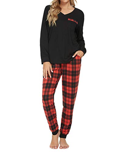 TOP-VIGOR Women Pajamas Set Pj Long Sleeve V Neck Top and Plaid Pants 2-Piece Womens Pjs Sleepwear Nightwear Soft Lounge Sets