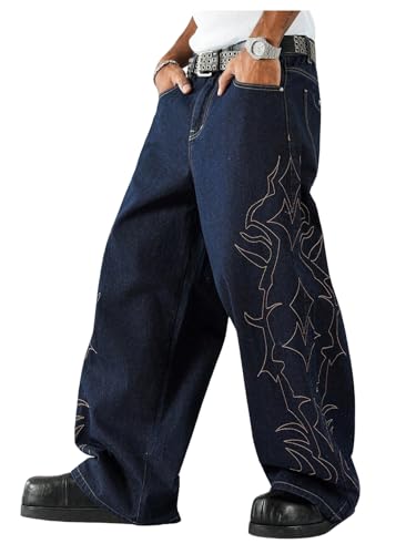 Men's Graphic Baggy Jeans Hip Hop Wide Leg Denim Pants with Pockets Streetwear