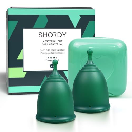 SHORDY Juego de 2 copas menstruales reutilizables (grande) con mini caja, 100% silicona suave, cupé menstrual, copa de periodo seguro, kit de flujo pesado, higiene femenina, tampones, almohadillas y