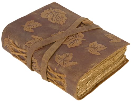 GlobeeCraft Diário de couro amarelo vintage com folhas de acácia, papel de algodão - livro de notas 18 x 13 cm. Perfeito como caderno de viagem ou diário para escrever reflexões