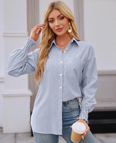 Womens Button Down Shirts Striped Smocked Cuff Long Sleeve Blouses with Pocket Casual Collar Office Work Tops2