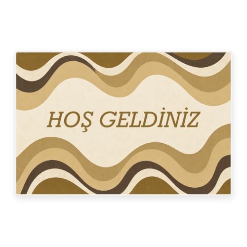 Kapı Paspası, Hoş Geldiniz Yazılı Retro Dalga Kaymaz Kauçuk Taban, Makinede Yıkanabilir, Dijital Baskılı Kapı Önü ve Antre Paspası, Hardal Sarısı, 60x90 cm
