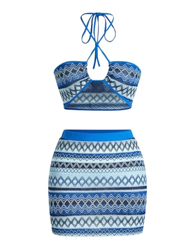 WDIRARA Women's 2 Piece Knitted Outfits Boho Geo Print Crop Halter Top and Bodycon Mini Skirt