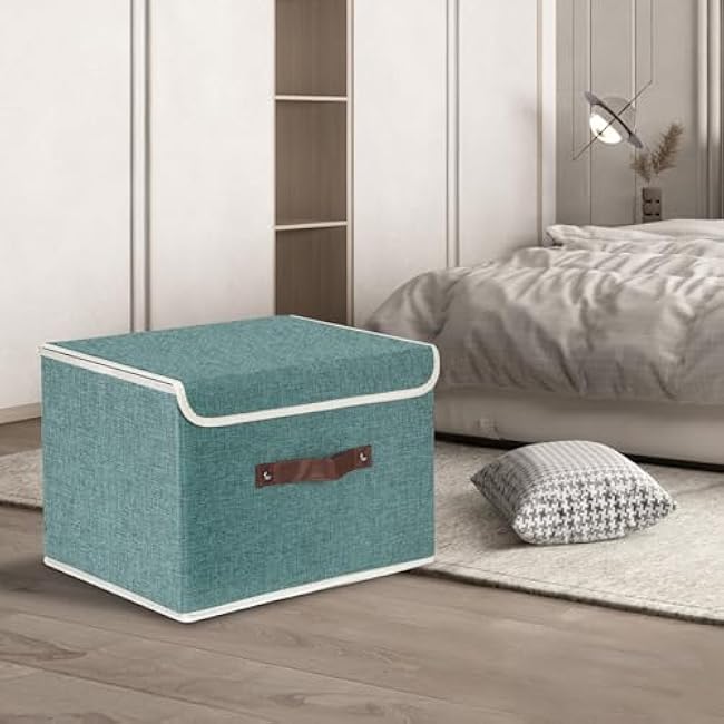 TYEERS Foldable Storage Boxes with Lids 5 Pack Fabric Storage Bins with Lids, Closet Organizers for Clothes Storage, Room Organization, Office Storage, Toys - Aqua Deep