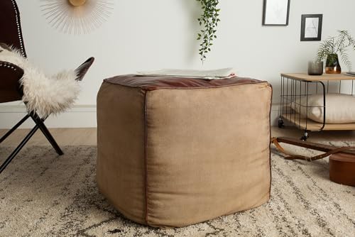 invicta INTERIOR Retro Sitzpouf Mustang 53cm Lederbezug mit Leinen Sitzwürfel Pouf Sitzhocker