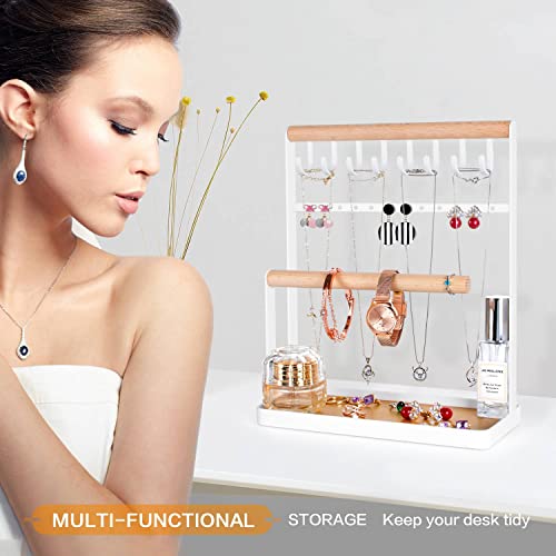 Geamsam Jewelry Organizer Stand Necklace Holder, 4-Tier Jewelry Accessories Display 8 Hooks 12 Earrings Holes Necklaces Hanging Rack Wooden Tray For Bracelets, Rings & Watches #TOP6