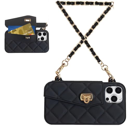 UnnFiko Wallet Case Compatible with iPhone 15, Cute Light Luxury Bag Design, Purse Flip Card Pouch Cover Soft Silicone Case with Handstrap Long Shoulder Strap (Black, iPhone 15)