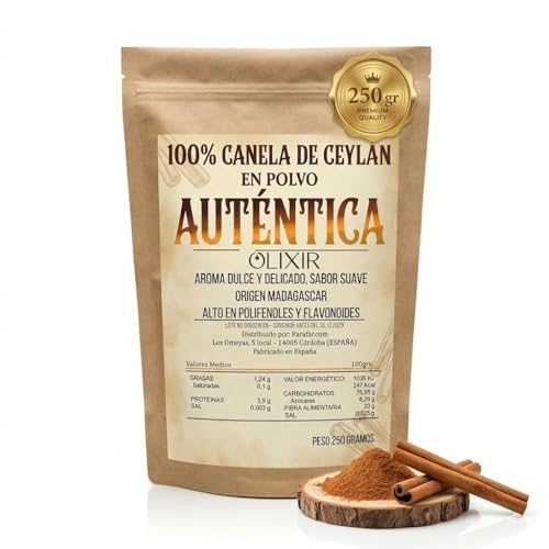 Olixir Canela Ceylan en Polvo 250 g - Canela de Ceylan Verdadera Cinnamomum Verum de Madagascar - Natural, Rica en Polifenoles y Fibra - Café, Infusiones, Repostería, Postres