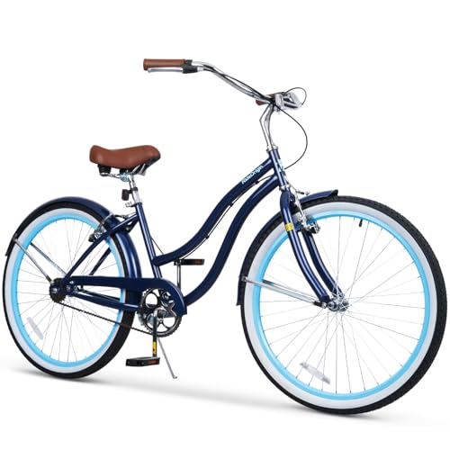 RideOrigin Beach Cruiser Bike for Women and Men, 26 Inch Single Speed Adult Cruiser Bicycle with V-Brake Dual Suspension, Comfortable Seat Riding, Steel Frame Bike for Beach, City Rides Navy