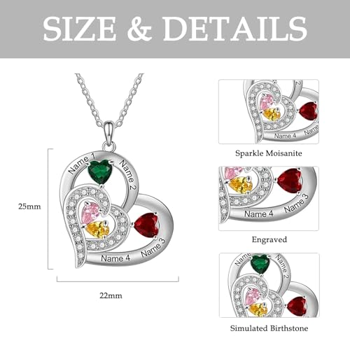 10K 14K 18K Gold Moissanite Personalized Family Birthstone Necklace for Women 1~6 Name Birthstone Heart Pendant Necklace Custom Name Birthstone Necklace for Mother’s Day Birthday Christmas3