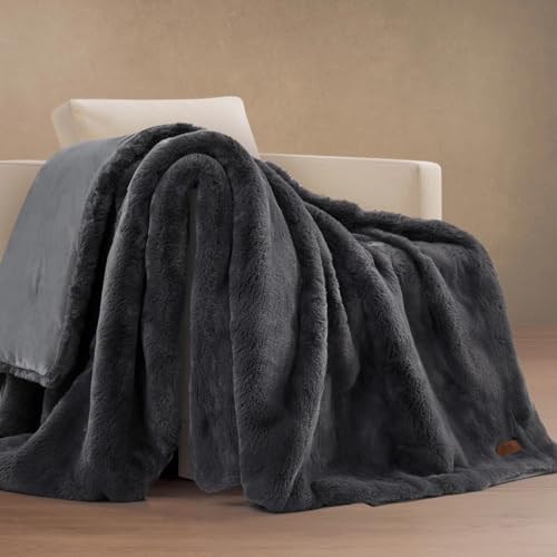 Luxe Faux Fur Throw Blanket 60x70 Inches – Ultra Soft Plush Reversible Cozy Warm Decorative Sofa & Bed Throw for Living Room, Bedroom, Travel – Gray