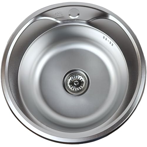 ANW HOME Fregadero de cocina redondo Ø51 cm satinado con sifón, fregadero de cocina de acero inoxidable con agujero para grifo, fregadero empotrado de acero inoxidable, pequeños fregaderos de cocina