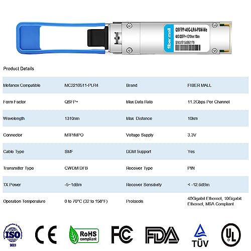 Image of 40G QSFP+ PLR4 PSM for Mellanox MC2210511-PLR4 4 x 10GBASE-LR 40GBASE QSFP+ PLR4 1310nm 10km DOM MTP /MPO-12 SMF Optical Transceiver Module