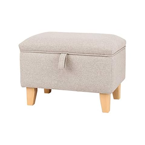 INMOZATA Linen Fabric Footstool Storage Upholstered Ottoman Pouffe Stool Change Shoe Footrest Wooden Legs for Living Room Bedroom Beige Cover