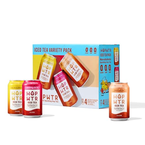 Image of HOPWTR Iced Tea Variety Pack - Peach, Raspberry & Lemonade Sparkling Tea, Non Alcoholic Functional Beverage with Adaptogens, Nootropics & Vitamin C, Zero Sugar (12 Pack, 12oz Cans)