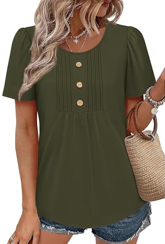 Image of Womens Tops Dressy Casual Blouses Short Sleeve Shirts Plus Size Fashion Clothing Spring Summer Outfits Button Pleated Front