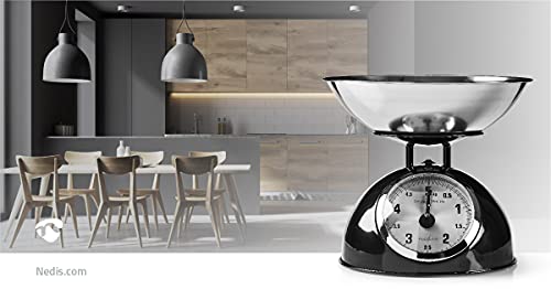 Nedis KASC110BK Küchenwaage - Analog – Retro Design – 5 kg Tragkraft – Schwarze Metallwaage mit Edelstahlschale