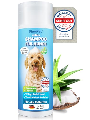 BluePet Mildes Hundeshampoo Gegen Juckreiz, Gerüche & Schmutz 200ml - Rückfettend & pH-Neutral - Für alle Hunderassen, Langhaar & Weißes Fell + Mit Aloe Vera & Jojobaöl